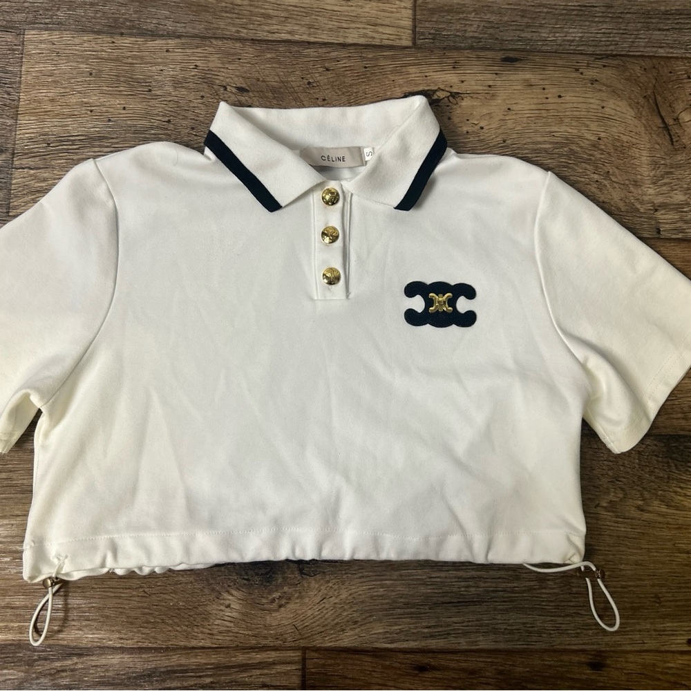Celine Woman Crop Top Polo White with Black Trim Adjustable Sz Small